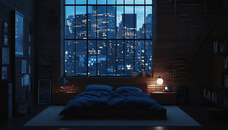 Modern, Industrial Style Bedroom Interior Design With City Skyline View at Night, 3D Renderingの素材