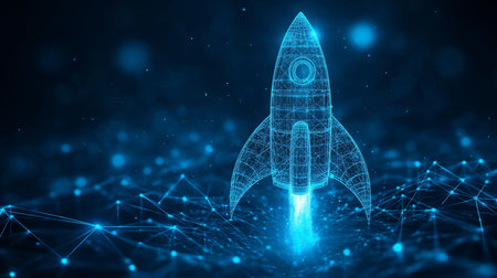Digital Rocket Ship Launch Technology Background, Lines, Connected Dots, Startup, Innovationの素材