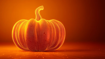 Glowing 3D Render of an Abstract Halloween Pumpkin with Connecting Dots on Orange Backgroundの素材