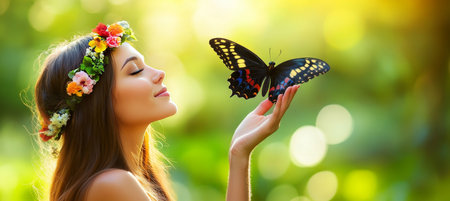 Beautiful Woman with Floral Crown and Butterfly A Portrait of Joy, Nature, and Serenityの素材
