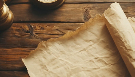 Old Parchment Paper Sheet. Blank Vintage Texture Background With Torn Edges On A Rustic Wood Deskの素材