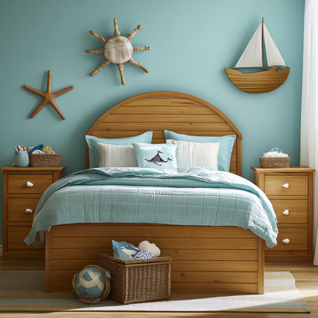 Nautical Style Childs Bedroom With Wooden Furniture, Decorative Ornaments, And An Aqua Wallの素材