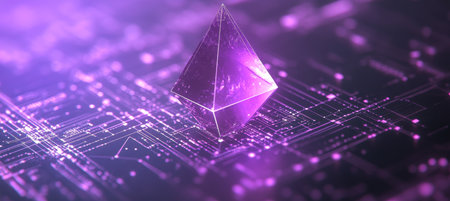 Purple Ethereum Diamond Crystal On Circuit Board, Cryptocurrency, Blockchain Technology Concept.の素材