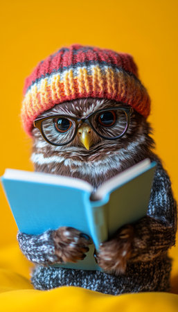 Wise Owl Reading Adorable Owl with Glasses and Sweater Enjoys a Book Against a Yellow Backgroundの素材