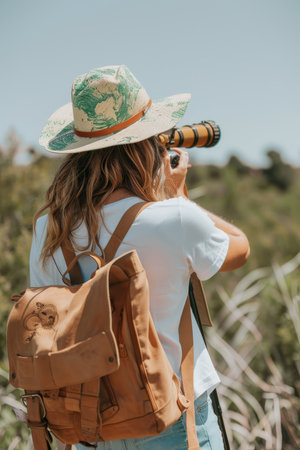 Woman Explores Natures Beauty, Gazing Through Binoculars, Adventure Travel and Hiking Conceptの素材