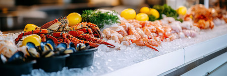 Fresh Catch of The Day Crab, Mussels, And Prawns On Ice, Displayed At A Seafood Marketの素材