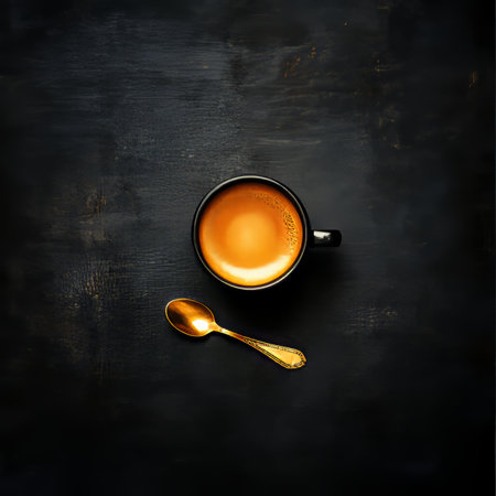 Steaming Cup of Coffee on Dark Background with Gold Teaspoon, Top View, Minimalist Aestheticの素材