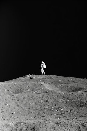 Solitary Astronaut Explores Lunar Landscape, Evoking Awe And Wonder In Space Explorationの素材