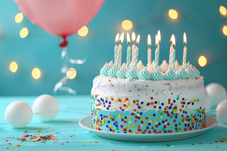 Birthday Cake with Lit Candles and Colorful Sprinkles, Festive Celebration on a Blue Background.の素材