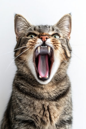 Angry, Aggressive Cat Hissing with Mouth Open Wide, Showing Teeth, on White Backgroundの素材