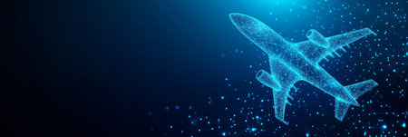 Abstract Glowing Polygonal Airplane on Blue Background, Travel and Technology Conceptの素材