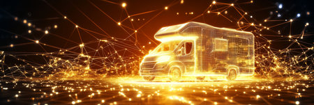 Futuristic Camper Van Wireframe RV Glowing Against Digital Network, Concept for Travel Technologyの素材