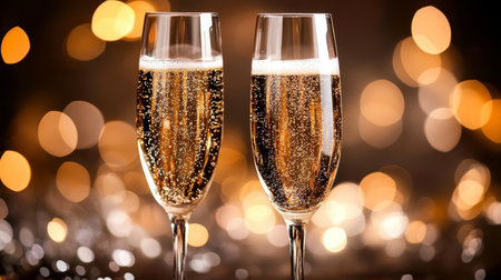 Two Champagne Glasses with Golden Bokeh, Festive Celebration Background with Sparkling Lightsの素材