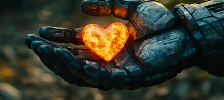 Robots Palm With Blazing Lava Heart. Artificial Intelligence, Love And Romance Concept.の素材