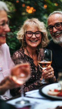 Group of Cheerful Senior Friends Enjoying Wine and Conversation at an Outdoor Dinner Partyの素材