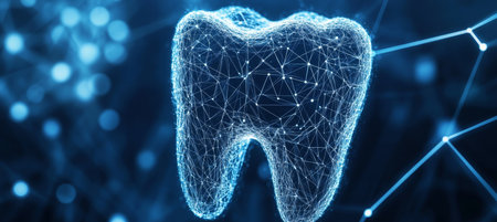 Abstract digital tooth illustration on blue tech background with lines, dots, and trianglesの素材