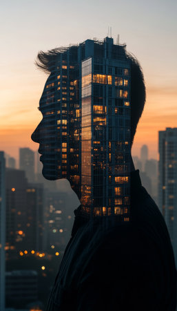 Man Silhouette With Urban Cityscape Double Exposure, Concept Of Modern Life, Business, And Success.の素材
