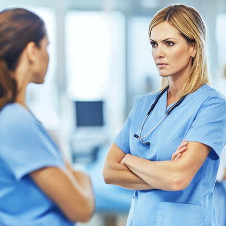Serious Female Doctor Listens As Colleague Speaks About Shared Healthcare Concerns, Issuesの素材