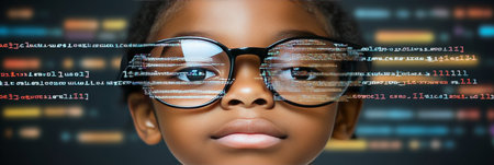 Young Girl Explores the World of Coding, Gazing Through Glasses Reflecting Programming Languageの素材
