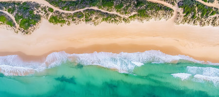 Turquoise Ocean Waves Crashing on a Pristine Sandy Beach with Lush Coastal Greenery, Aerial Viewの素材