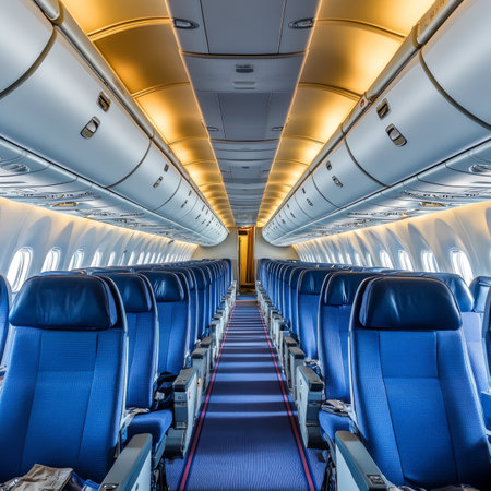 Empty Airplane Cabin with Aisle and Rows of Blue Seats, Modern Interior Design of Passenger Aircraftの素材
