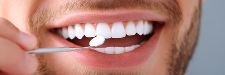 Close-up Of Mans Perfect Smile With White Teeth During Dental Examination, Dental Careの素材