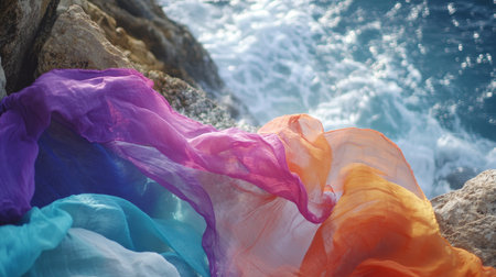 Flowing Colorful Scarves on Rocky Coast, Ocean Waves Background. Abstract Texture, Summer Colors.の素材