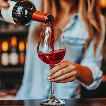 Woman Pouring Red Wine Into a Glass. Sommelier Pouring Wine. Wine degustation. Red wine in a glass.の素材