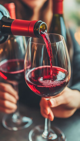 Pouring Red Wine, Two Glasses, Cheers, Celebration, Wine Tasting, Romantic Evening, Beverageの素材