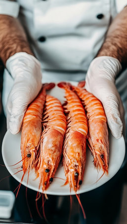 Chef Holding Fresh, Raw Jumbo Shrimp on Plate, Restaurant Seafood Cuisine Preparationの素材