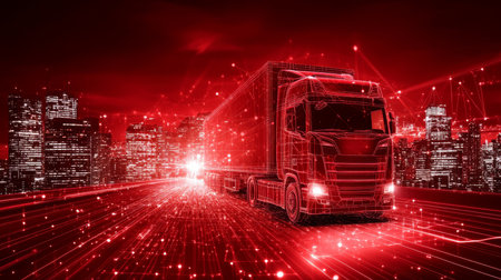 Autonomous Truck Driving On Digital Road, Logistics And Transportation Concept.3D Rendering.の素材