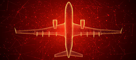 Abstract Wireframe Airplane on Red Plexus Background Digital Aviation Technology Concept.の素材