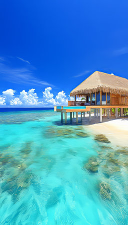 Tropical Paradise Idyllic Overwater Bungalow with Infinity Pool in Azure Ocean and Sunny Skyの素材