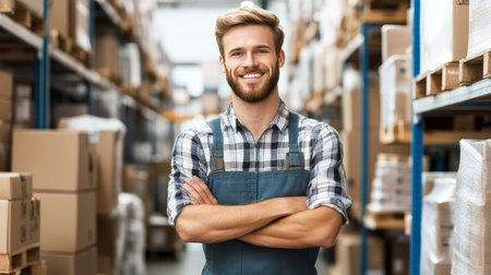 Confident Warehouse Worker with Crossed Arms Smiling, Logistics, Supply Chain, Distribution Centerの素材