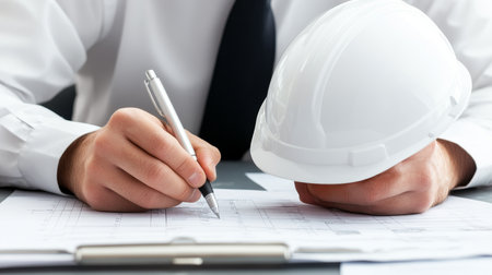 Architect Reviewing Blueprints With Hard Hat. Construction, Engineering, and Design Concept.の素材
