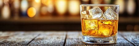 Glass of Whiskey with Ice on Rustic Wooden Surface, Illuminated by Warm Evening Sunlight.の素材