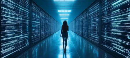 Silhouette of Businesswoman Walking in Futuristic Data Center Corridor With Big Data Visualizationの素材