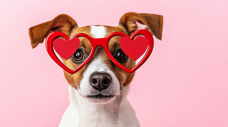 Adorable Dog Wearing Red Heart-Shaped Glasses on Pink Background, Perfect for Valentines Day.の素材