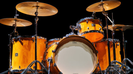 Orange Wooden Drumset On Stage, Five Piece Drum Kit, Rhythm Section Instrument Close-Up.の素材