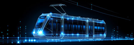 Digital City Tram on Blue Technology Background. Transportation of The Future Illustrationの素材