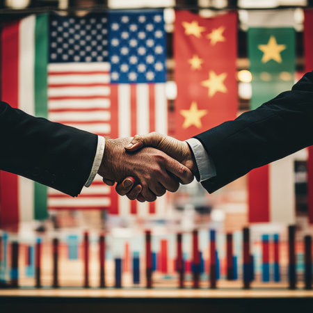 Two Businesspeople Shaking Hands, USA And China Flags. International Agreement, Partnership Concept.の素材