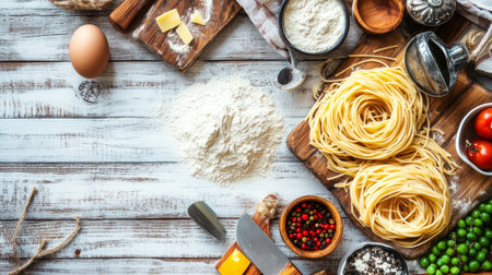 Ingredients for cooking Italian pasta flour, eggs, spices, tomatoes, peas. Italian food backgroundの素材