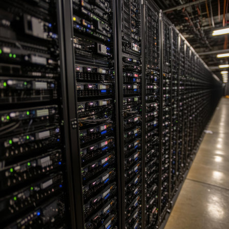 Rows of Servers in Modern Data Center, Network Technology with Big Data, Cloud Computing Concept.の素材