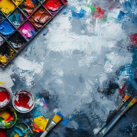 Artist Palette, Oil Paints, Brushes on Abstract Background, Art and Creativity Concept, Top Viewの素材