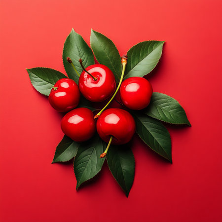 Fresh Red Cherries with Green Leaves on a Vibrant Red Background. Summer Berries. Flat Lay.の素材
