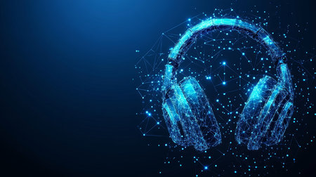 Abstract Headphones Digital Audio Symbol with Lines, Dots, and Triangles on Blue Backgroundの素材