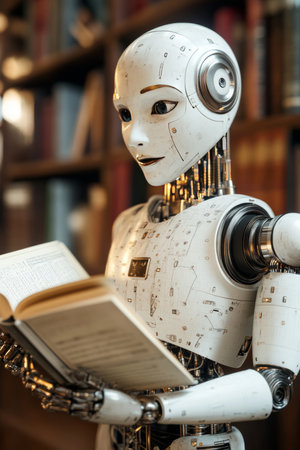 Advanced AI Robot Immersed in Learning, Exploring the World of Knowledge Through Booksの素材