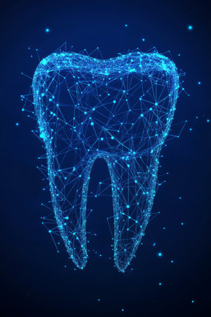 Abstract Tooth. Low Poly Style. Network Connection. Polygonal Vector Illustration. Blue Background.の素材