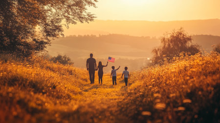 Family With American Flag Walks Through Field At Sunset. Patriotism, Family Values, American Dreamの素材