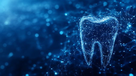 Digital tooth model, 3D rendering of a tooth with connected dots. Futuristic dentistry.の素材
